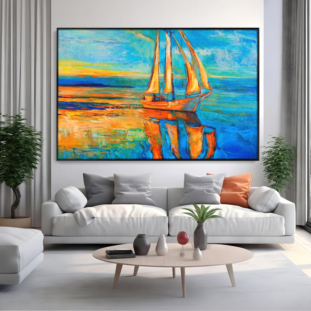 Tablou canvas cu tablou canvas cu barca cu panze pe marea portocalie, in rama de aluminiu negru, pe perete intr-un living